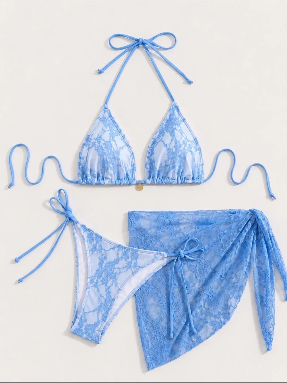 Light Blue Floral Lace Bikini Set With Wrap